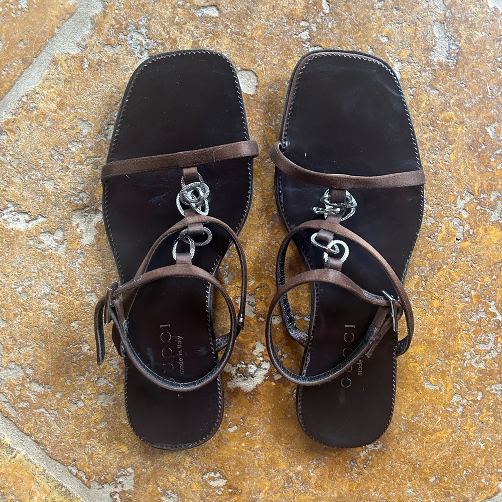 Gucci Brown Satin Sandel with Silver Accents. Box Included. Good condition.